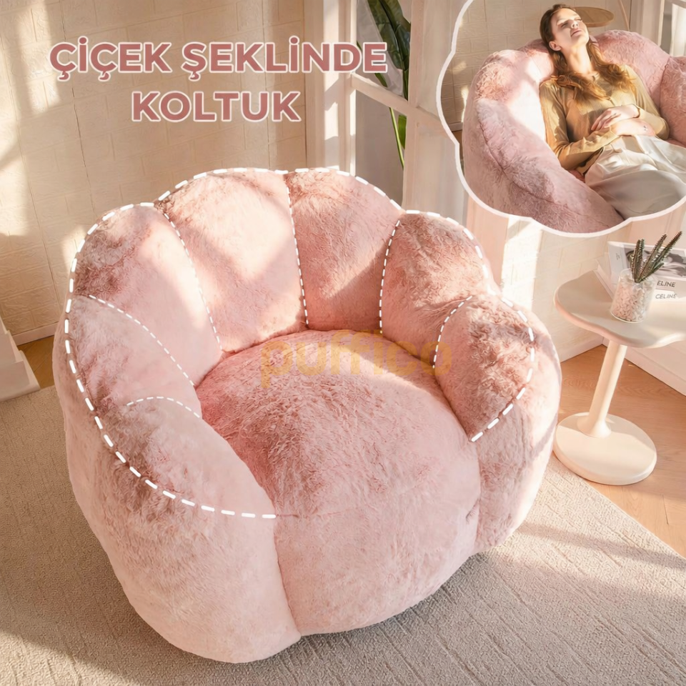 Puf Koltuk Çiçek Tasarımlı Peluş Armut Koltuk Rahat TV ve Okuma Koltuğu 105x80 cm pembe