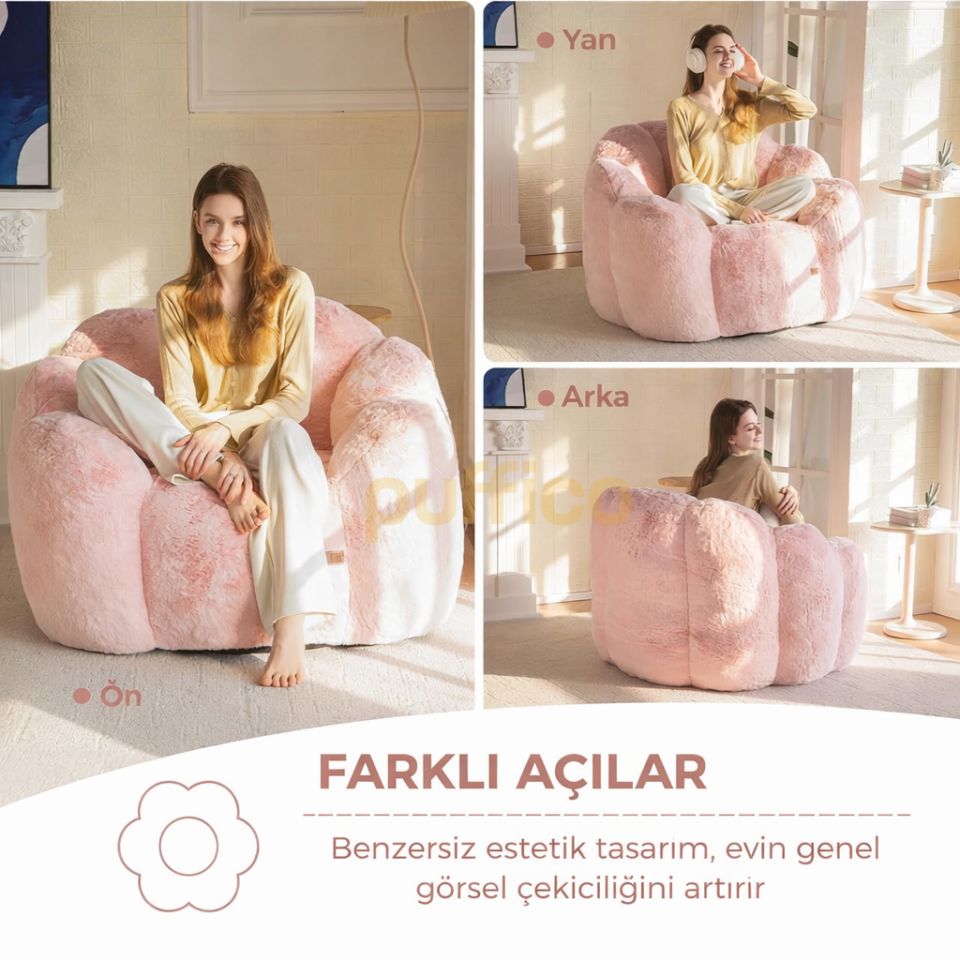 Puf Koltuk Çiçek Tasarımlı Peluş Armut Koltuk Rahat TV ve Okuma Koltuğu 105x80 cm pembe