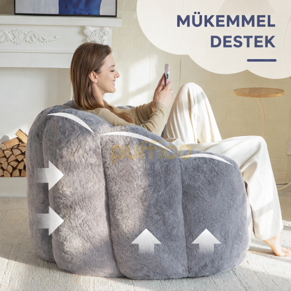 Puf Koltuk Çiçek Tasarımlı Peluş Armut Koltuk Rahat TV ve Okuma Koltuğu 105x80 cm koyu gri