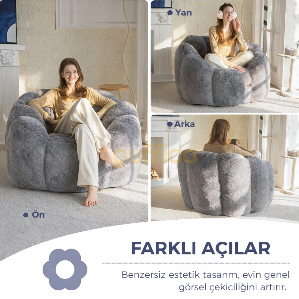 Puf Koltuk Çiçek Tasarımlı Peluş Armut Koltuk Rahat TV ve Okuma Koltuğu 105x80 cm koyu gri