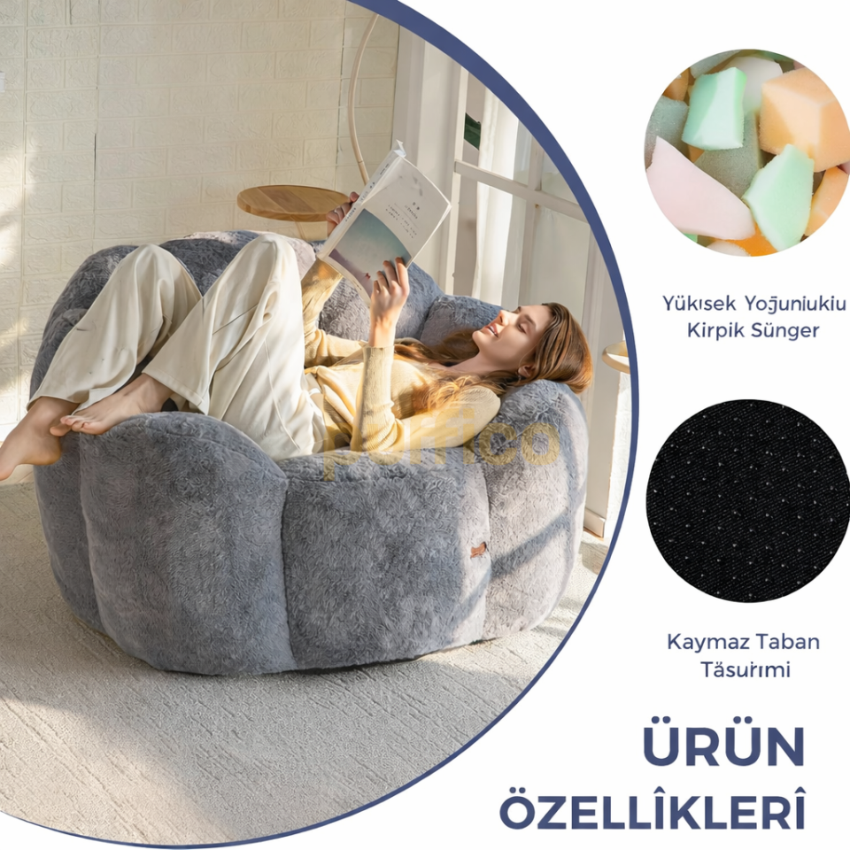 Puf Koltuk Çiçek Tasarımlı Peluş Armut Koltuk Rahat TV ve Okuma Koltuğu 105x80 cm koyu gri