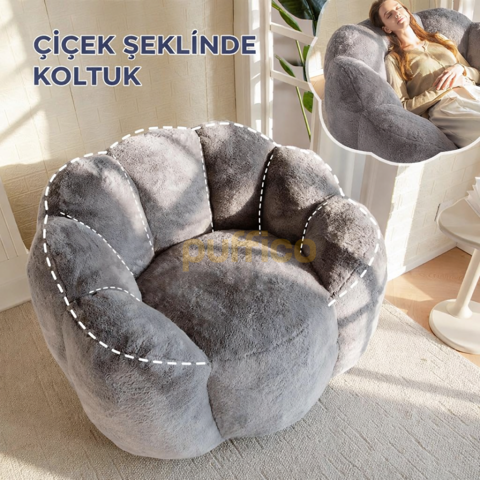 Puf Koltuk Çiçek Tasarımlı Peluş Armut Koltuk Rahat TV ve Okuma Koltuğu 105x80 cm koyu gri