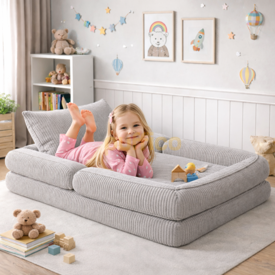 Montessori Çocuk Yer Yatağı Katlanır Oyun Minderi Modüler Sünger Çocuk Koltuğu gri - 90x190