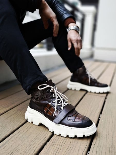 İBAY FİLİPPO COFFEE CROCOTE THICK SOLE MEN'S BOOTS Brown Crocodile - 45