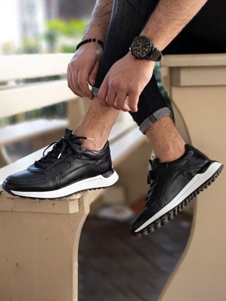 İBAY BRAVO Men's Black Genuine Leather Casual Shoes BLACK-X - 45