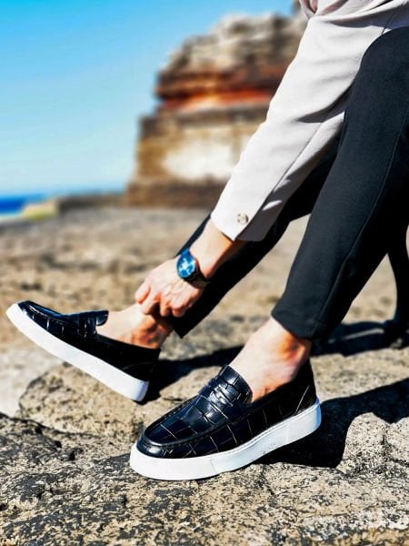 BLACK CROCO NAPOLI BLACK LEATHER MEN'S CASUAL SHOES BLACK CROCO - 44