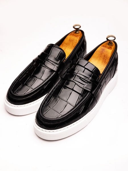 BLACK CROCO NAPOLI BLACK LEATHER MEN'S CASUAL SHOES BLACK CROCO - 44