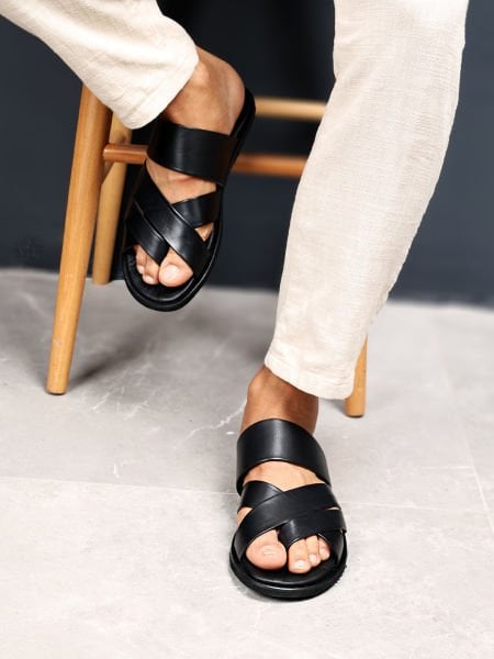 BLACK PREMIUM SANDALET HAKİKİ DERİ ERKEK SANDELET SİYAH - 46