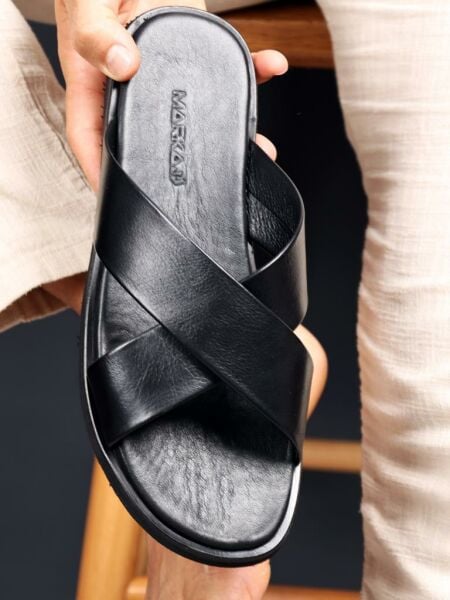 BLACK  LUX HAKİKİ DERİ SANDALET ERKEK SANDELETİ SİYAH - 46