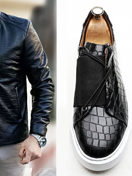 BLACK CROCCO WHITE WAGNER ERKEK HAKİKİ GÜNLÜK DERİ AYAKKABI SİYAH KROKO BEYAZ - 40
