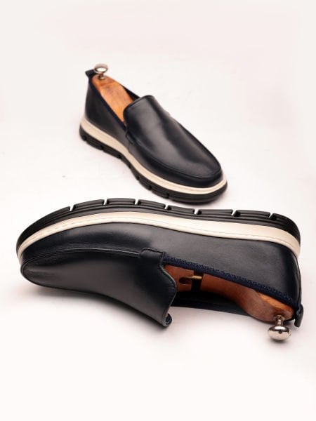 NAVY BLUE GRAND VERY COMFORTABLE MEN'S LEATHER CASUAL SHOES NAVY BLUE - 43