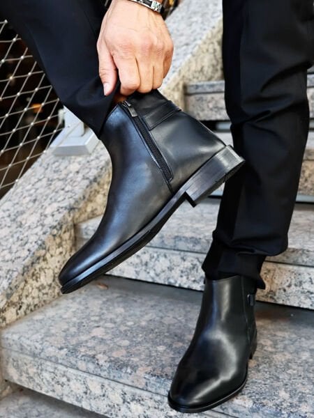 İBAY WELL Men's Black Genuine Leather Casual Boots BLACK SKIN - 45