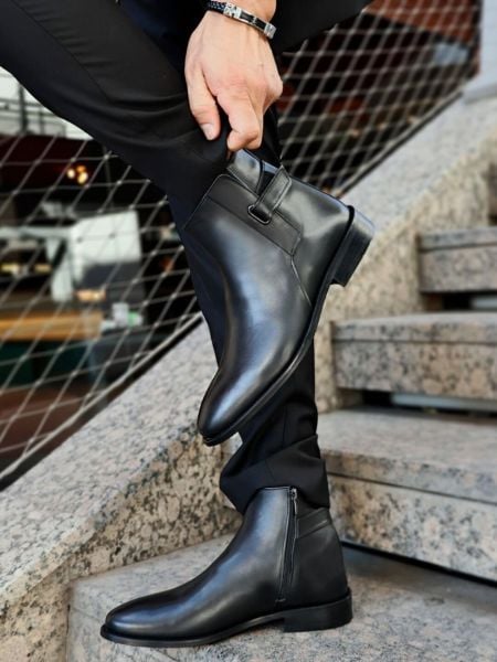 İBAY WELL Men's Black Genuine Leather Casual Boots BLACK SKIN - 45