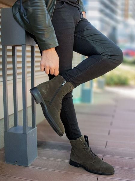 İBAY SNIPER Men's Khaki Green Lace-Up Genuine Suede Boots KHAKI SUEDE - 43