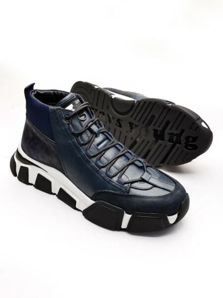 NAVY BLUE TANK HAKİKİ DERİ ERKEK GÜNLÜK SAĞLAM KISA BOT LACİVERT - 45