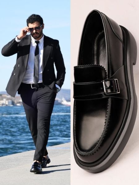 BLACK NOBEL ECHTLEDER HERREN KLASSISCHE SCHNALLE SCHUHE SCHWARZ OFFEN - 40