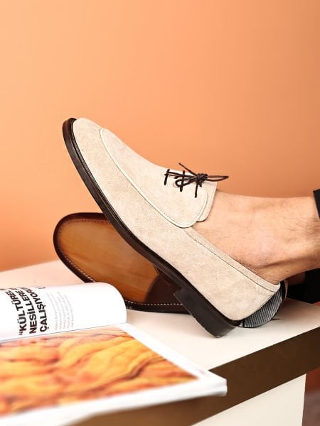 BEIGE SUEDE DOLCE GENUINE LEATHER MEN'S CLASSIC SHOES BEIGE SUEDE - 44