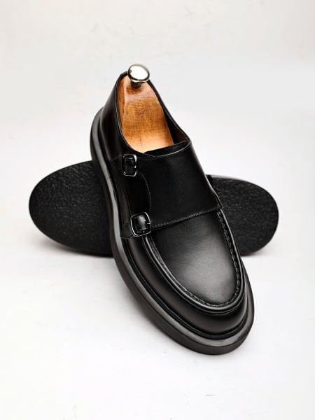BLACK KRASS GENUINE LEATHER BUCKLED MEN'S CLASSIC SHOES BLACK ANTIQUE W - 46
