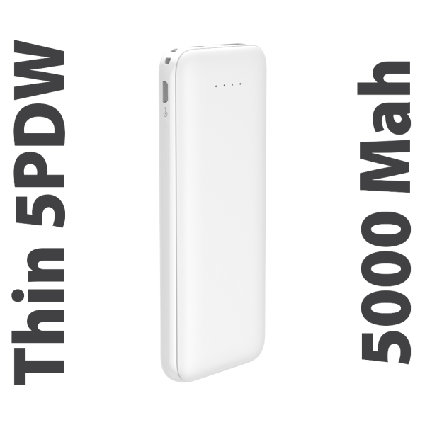 Thin 5B Slim Ultra ince 5000mAh Powerbank Taşınabilir Şarj Cijhazı Type-C / USB / Total Output 2.1A max Beyaz