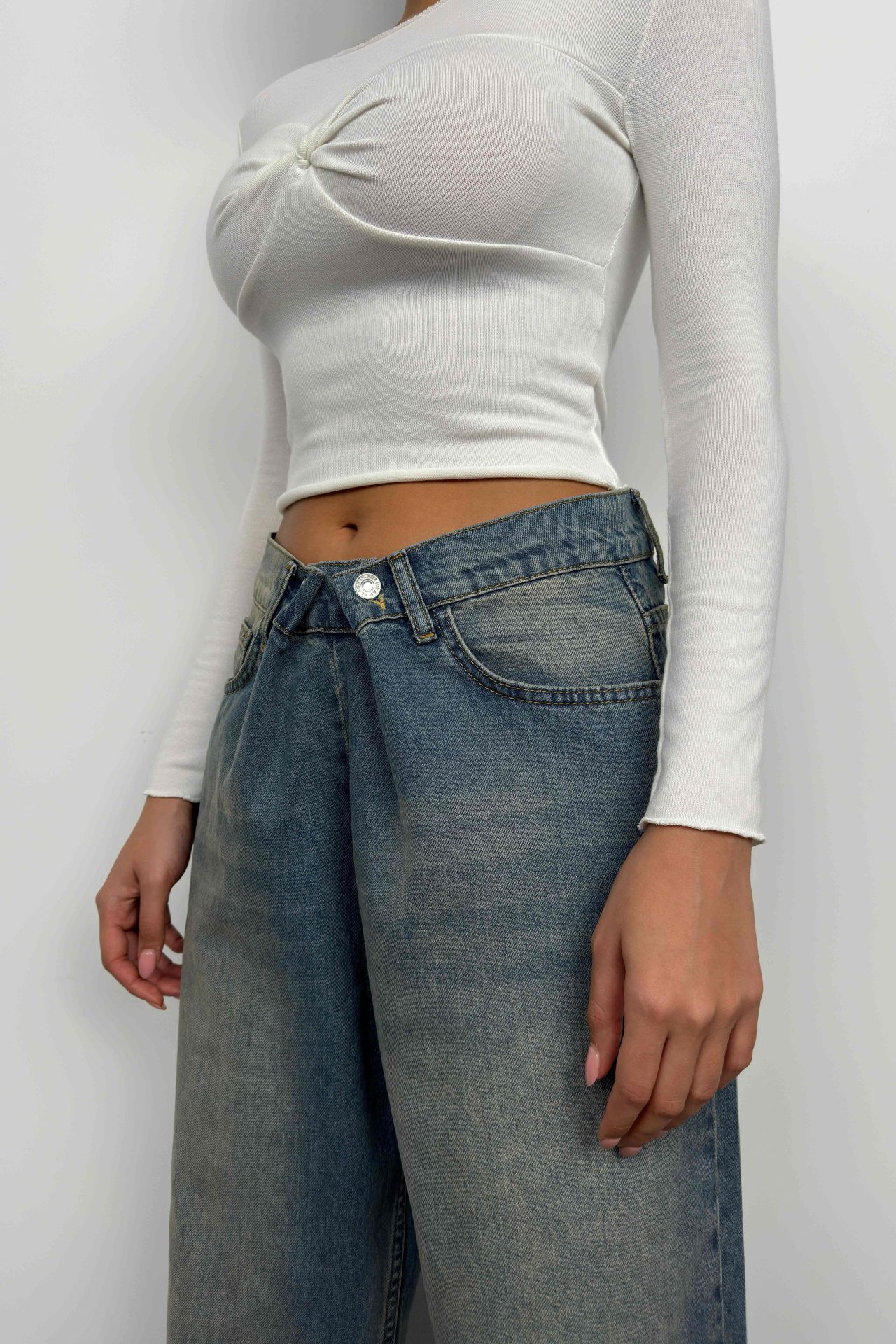 Toptan Düşük Bel Çift Düğmeli Mavi Wide Leg Jean