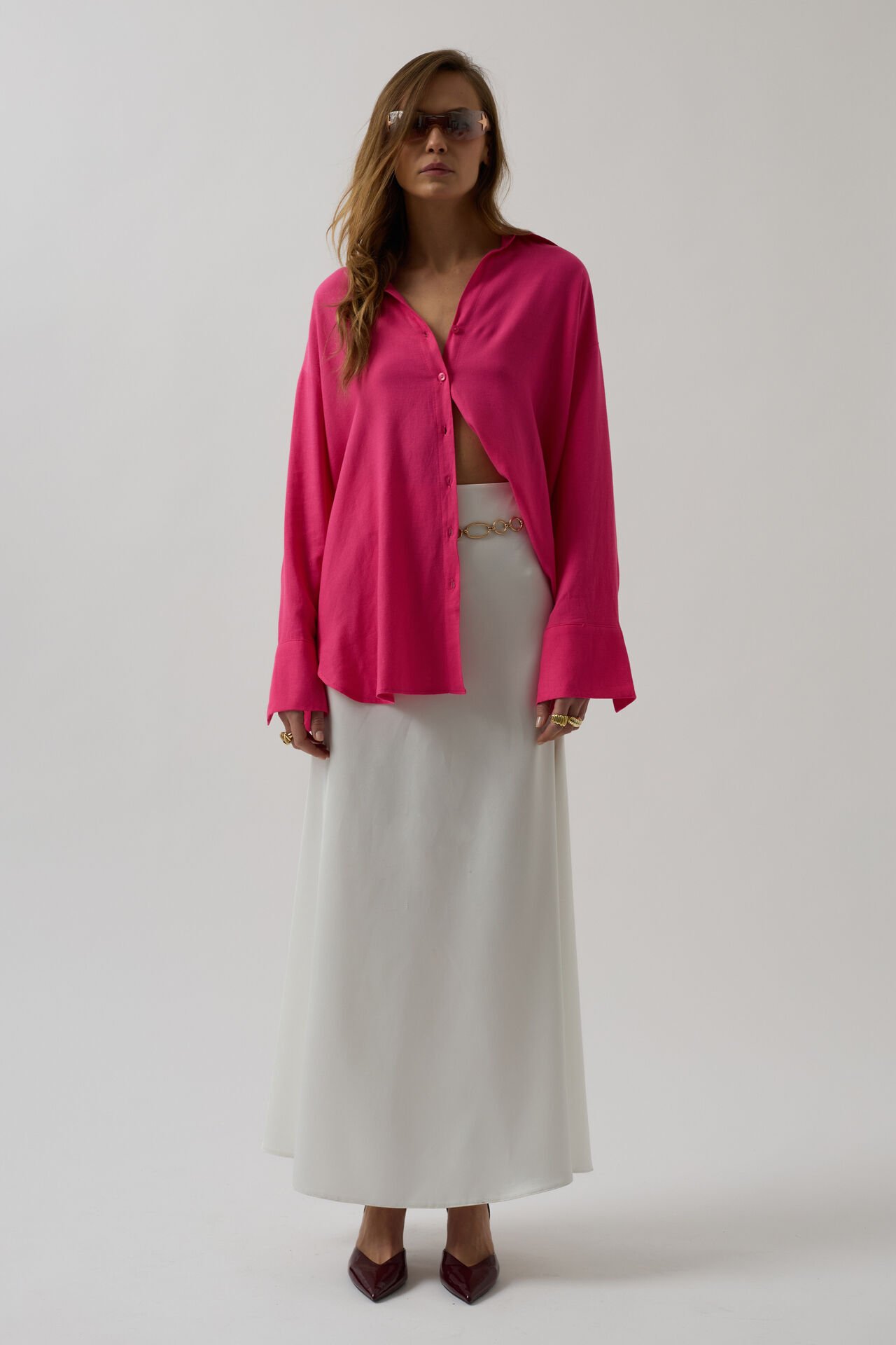 Toptan Oversize Pembe Keten Gömlek