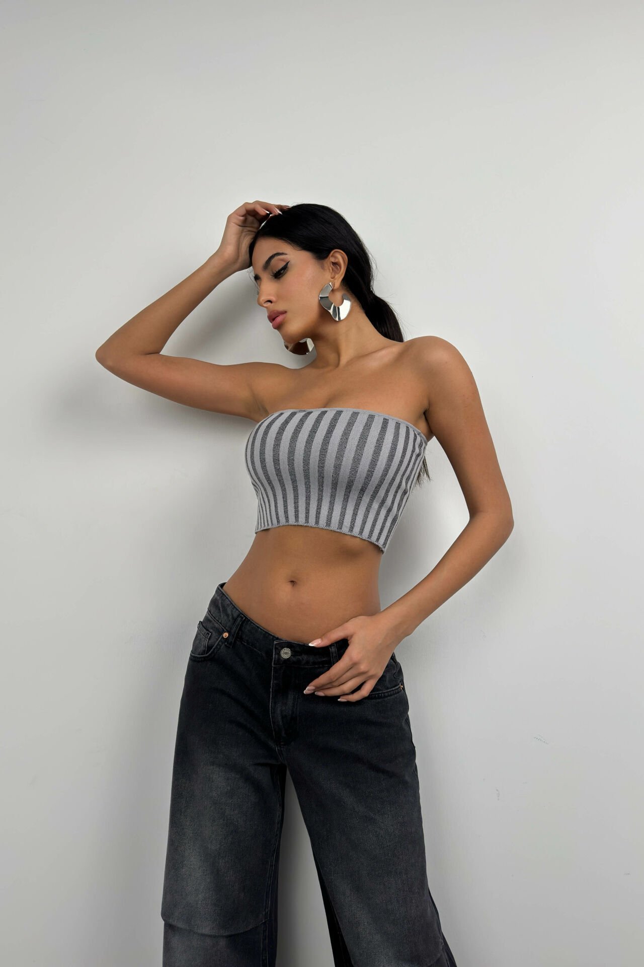 Toptan Straplez Fitilli Gri Crop