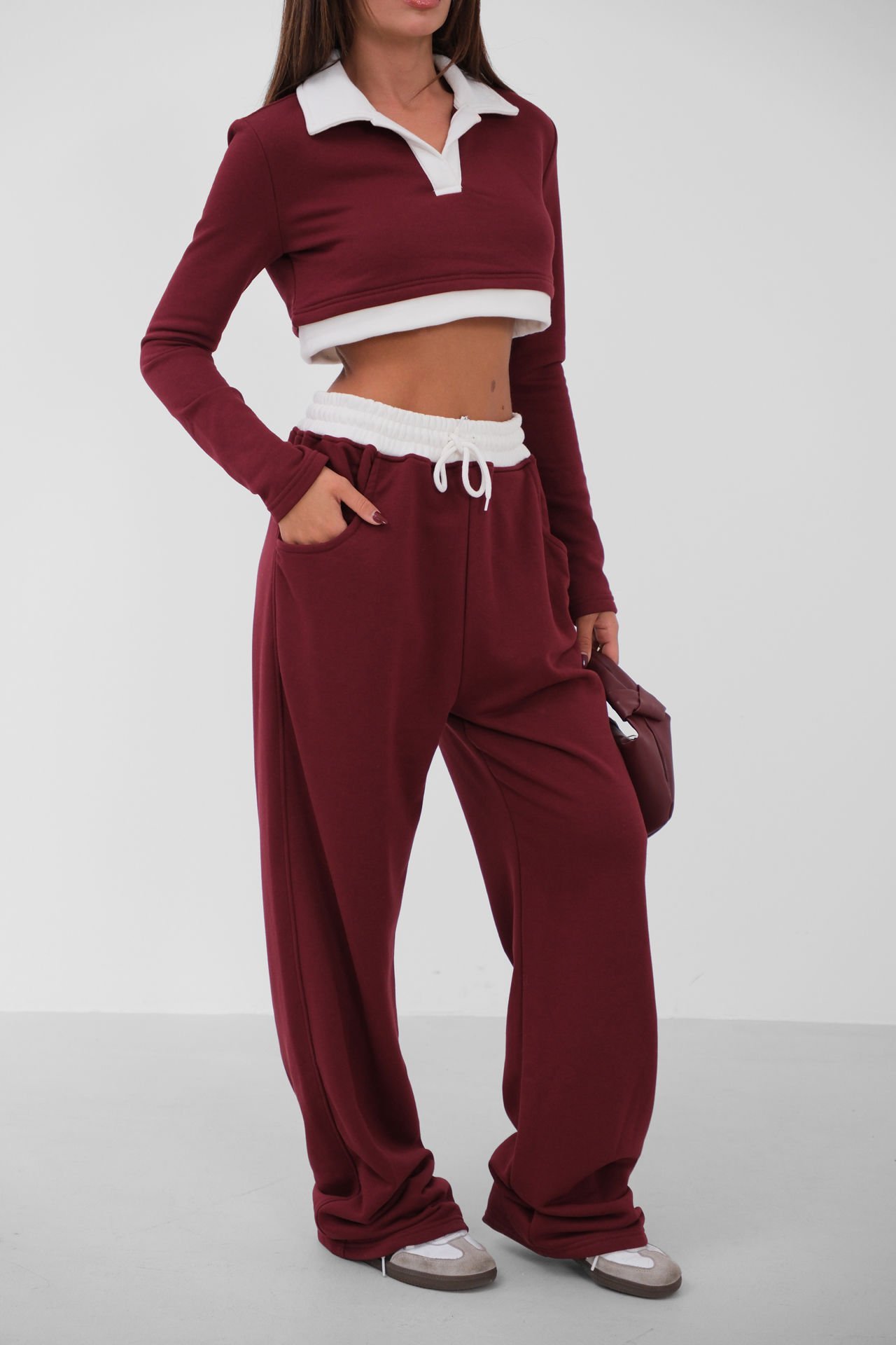 Toptan Polo Yaka Garnili Crop Bordo Sweatshirt