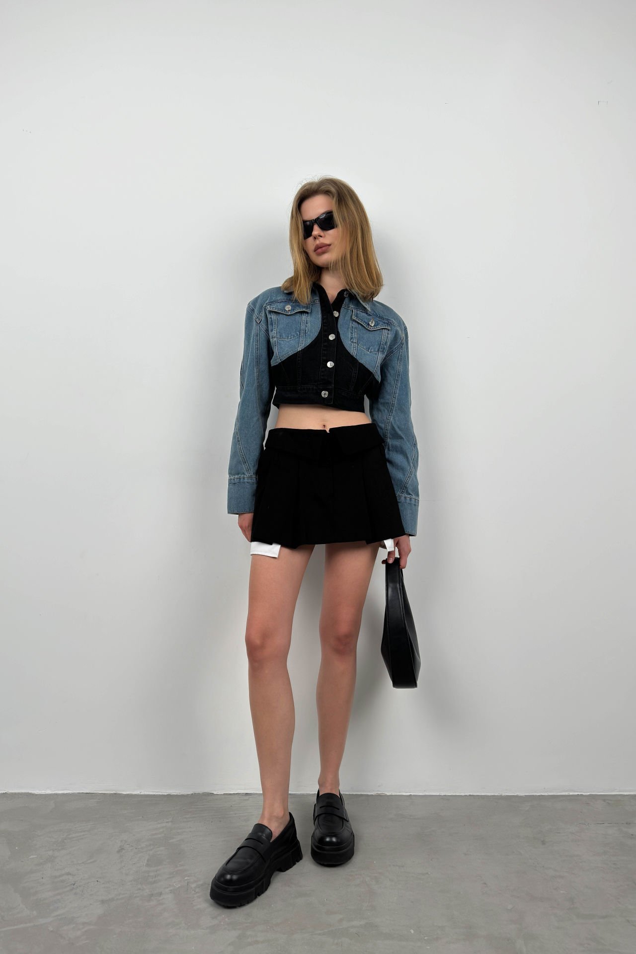 Wholesale Double Color Crop Blue Black Denim Jacket