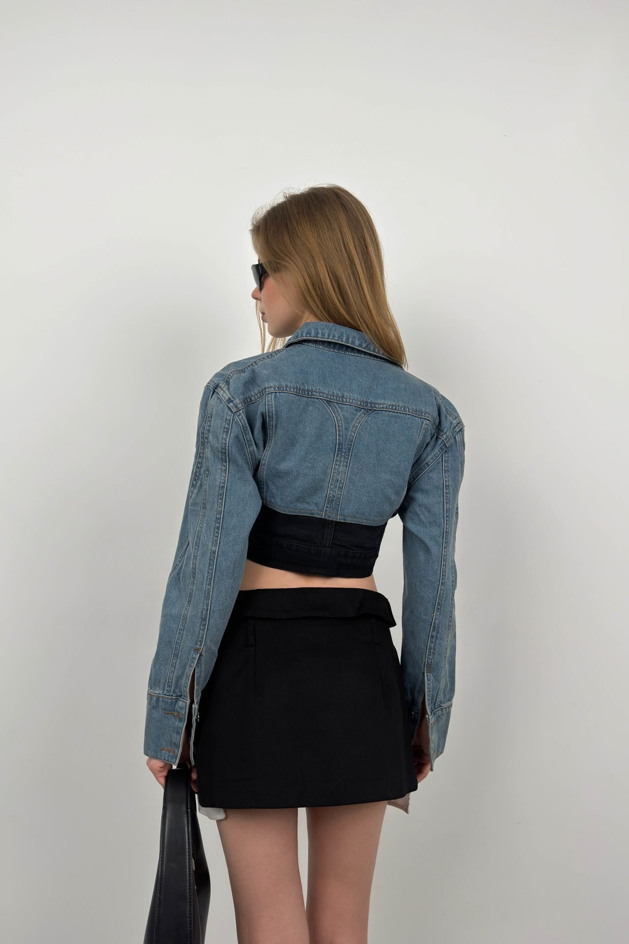 Wholesale Double Color Crop Blue Black Denim Jacket