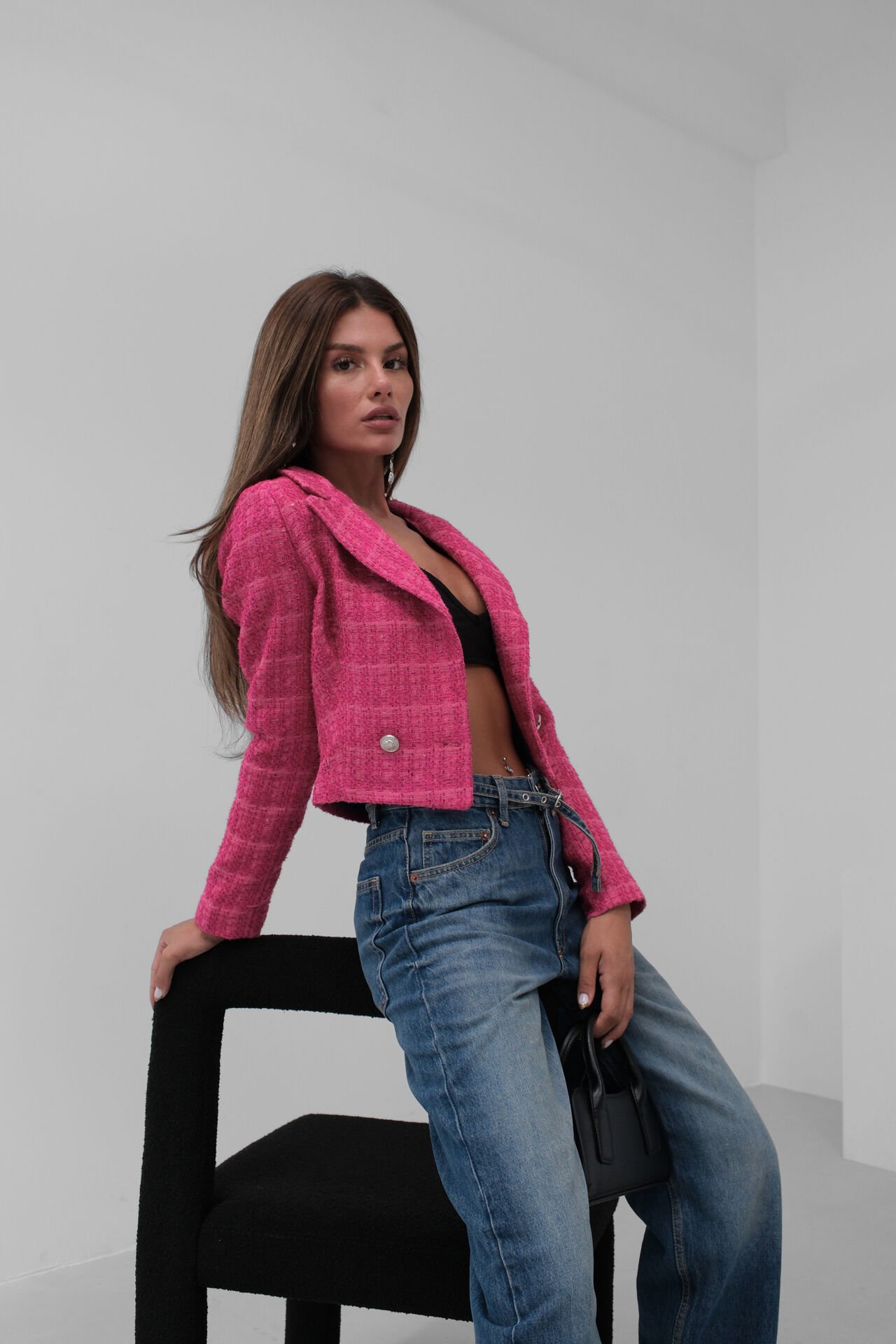 Toptan Tüvit Crop Fuşya Blazer Ceket