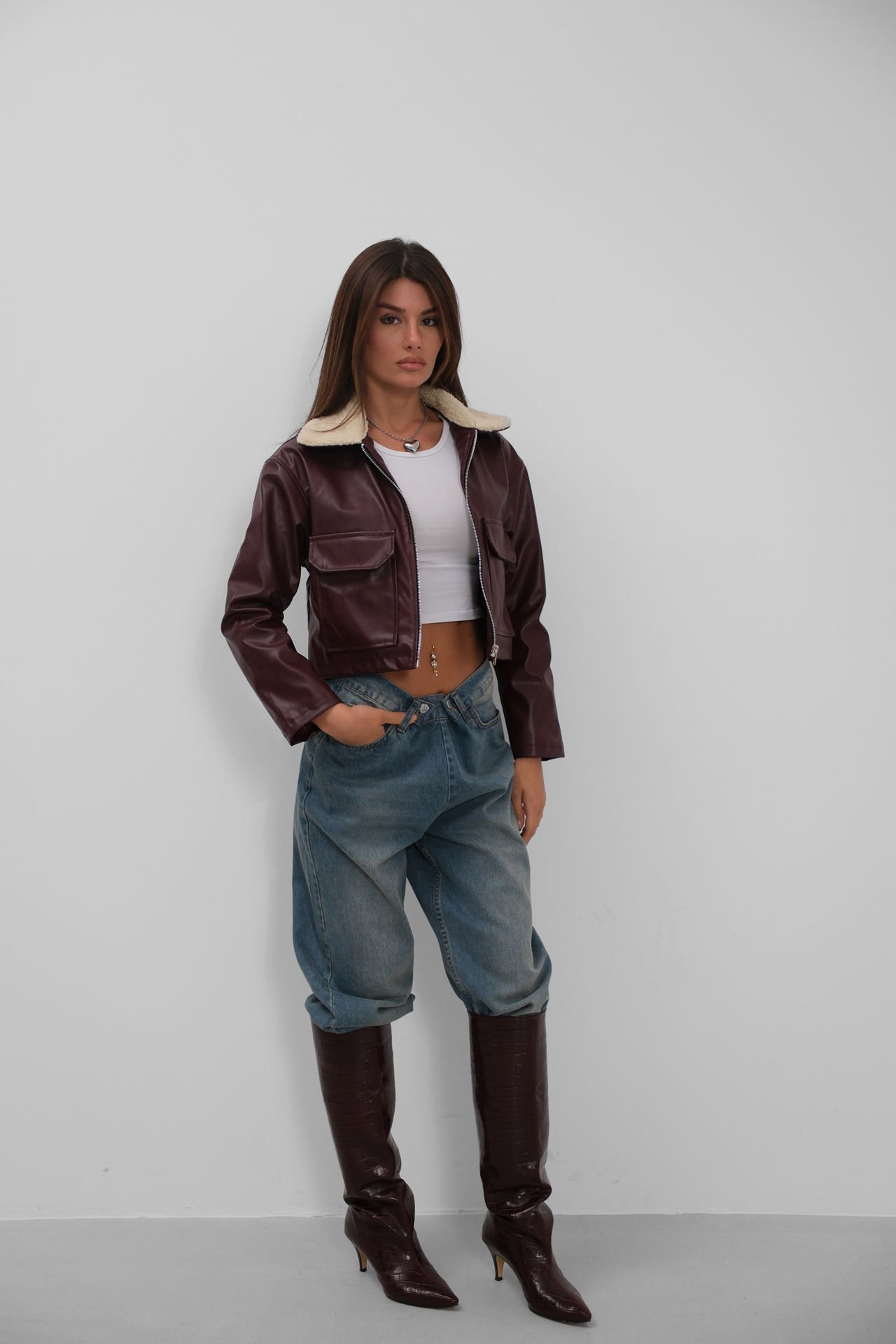 Toptan Yaka Peluş Crop Bordo Ceket