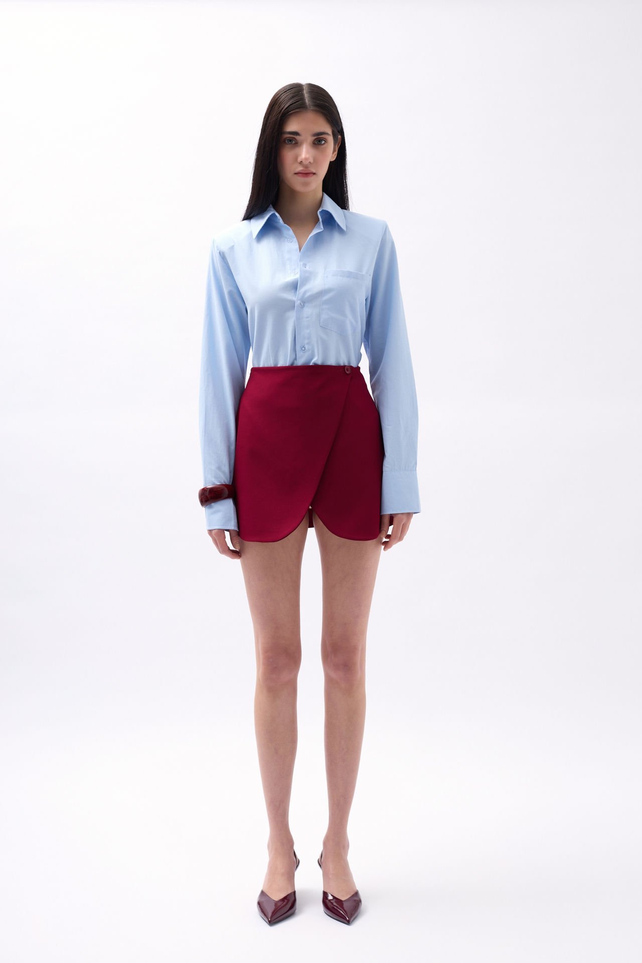 Wholesale Button Detail Wrap Mini Burgundy Skirt