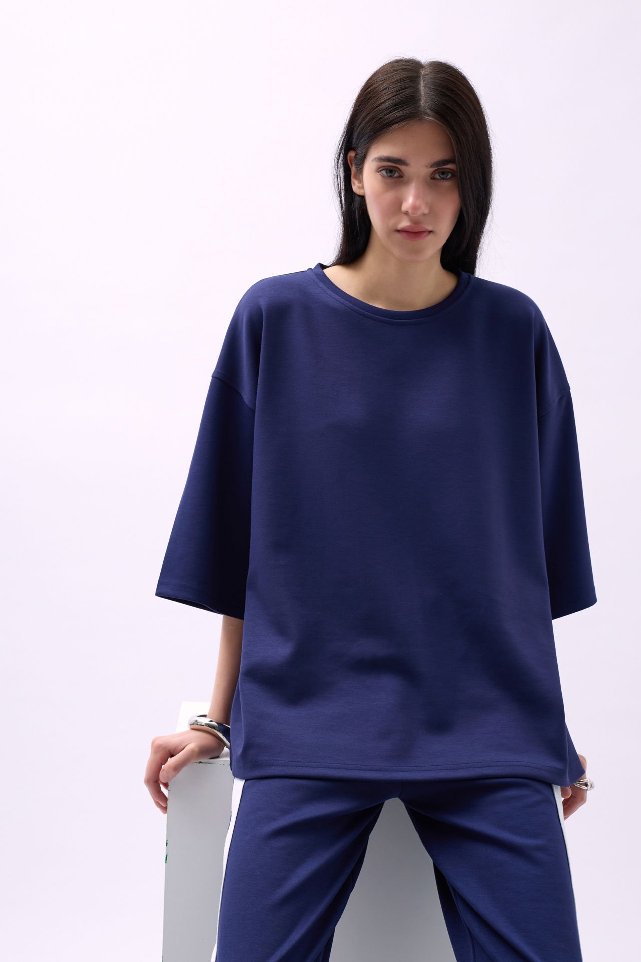 Toptan Bisiklet Yaka Oversize Lacivert T-Shirt