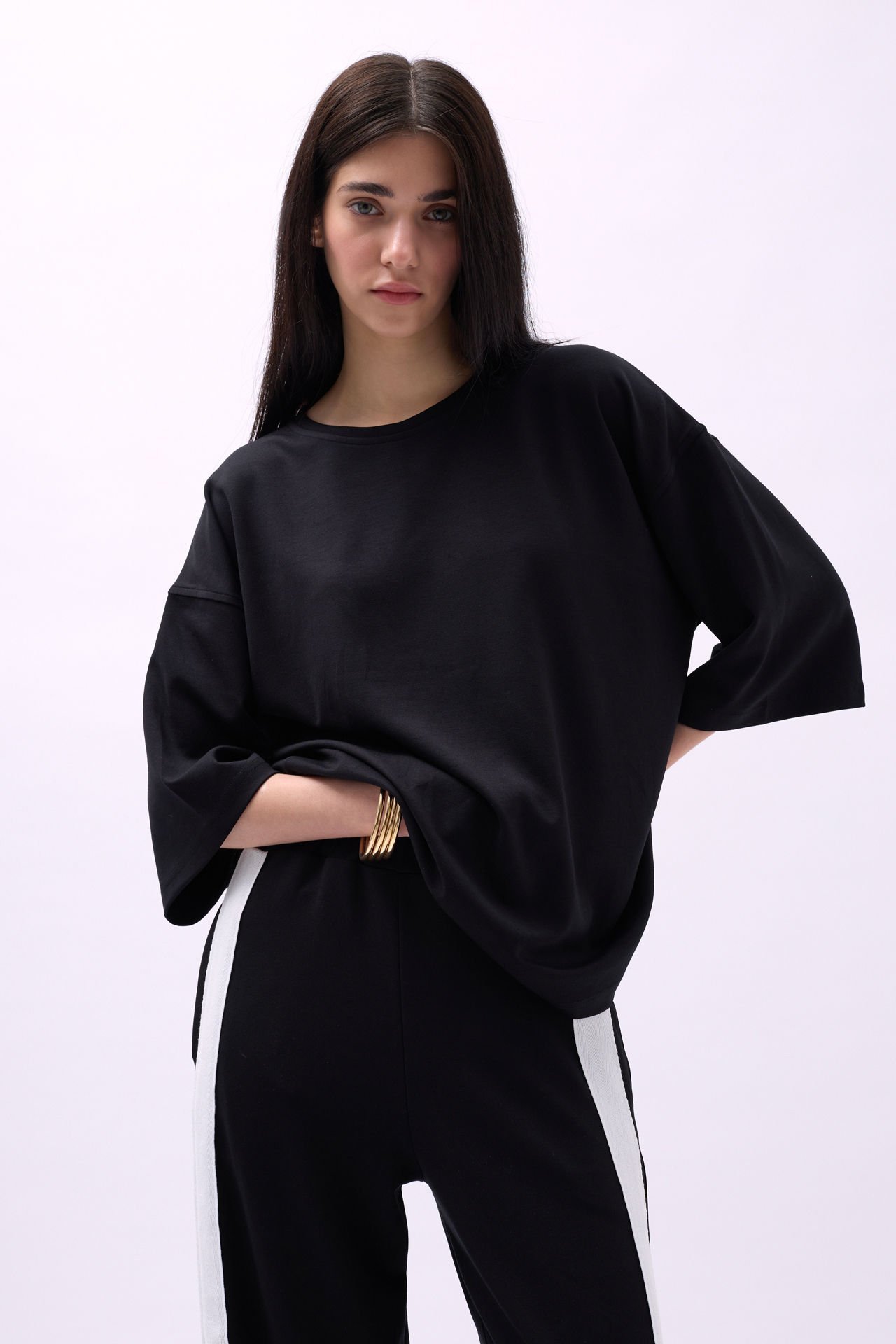 Toptan Bisiklet Yaka Oversize Siyah T-Shirt