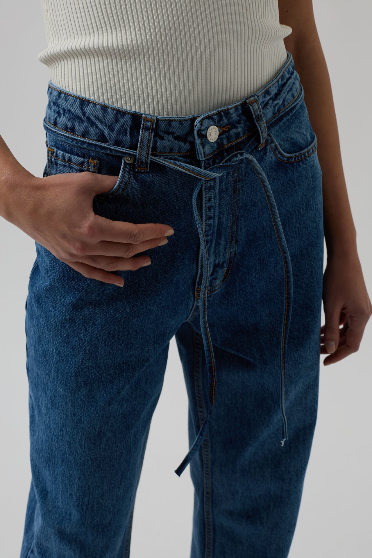 Wholesale Piping Detail Straight Blue Jeans