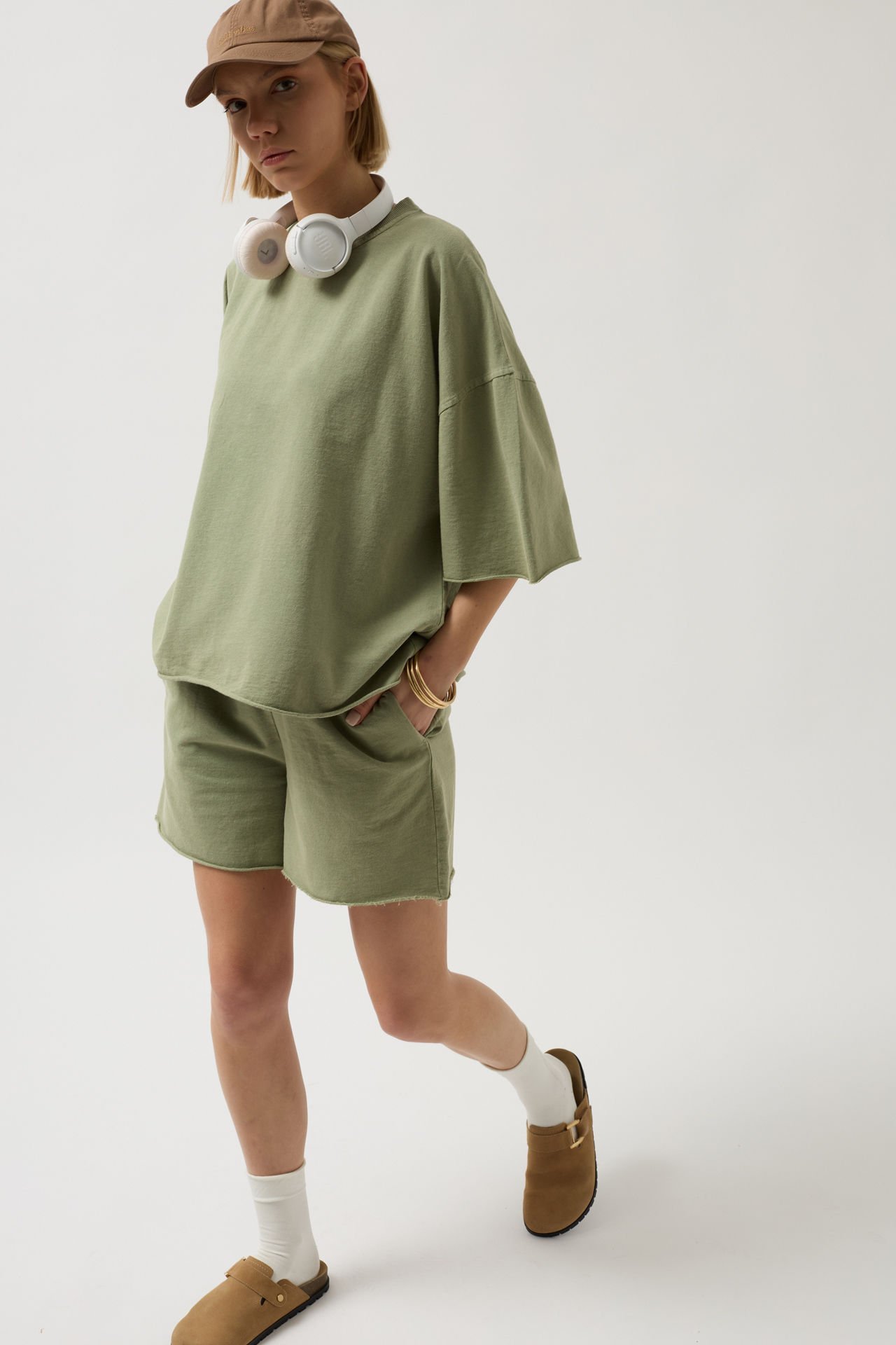 Toptan Oversize Lazer Kesim Bisiklet Yaka Haki T-Shirt
