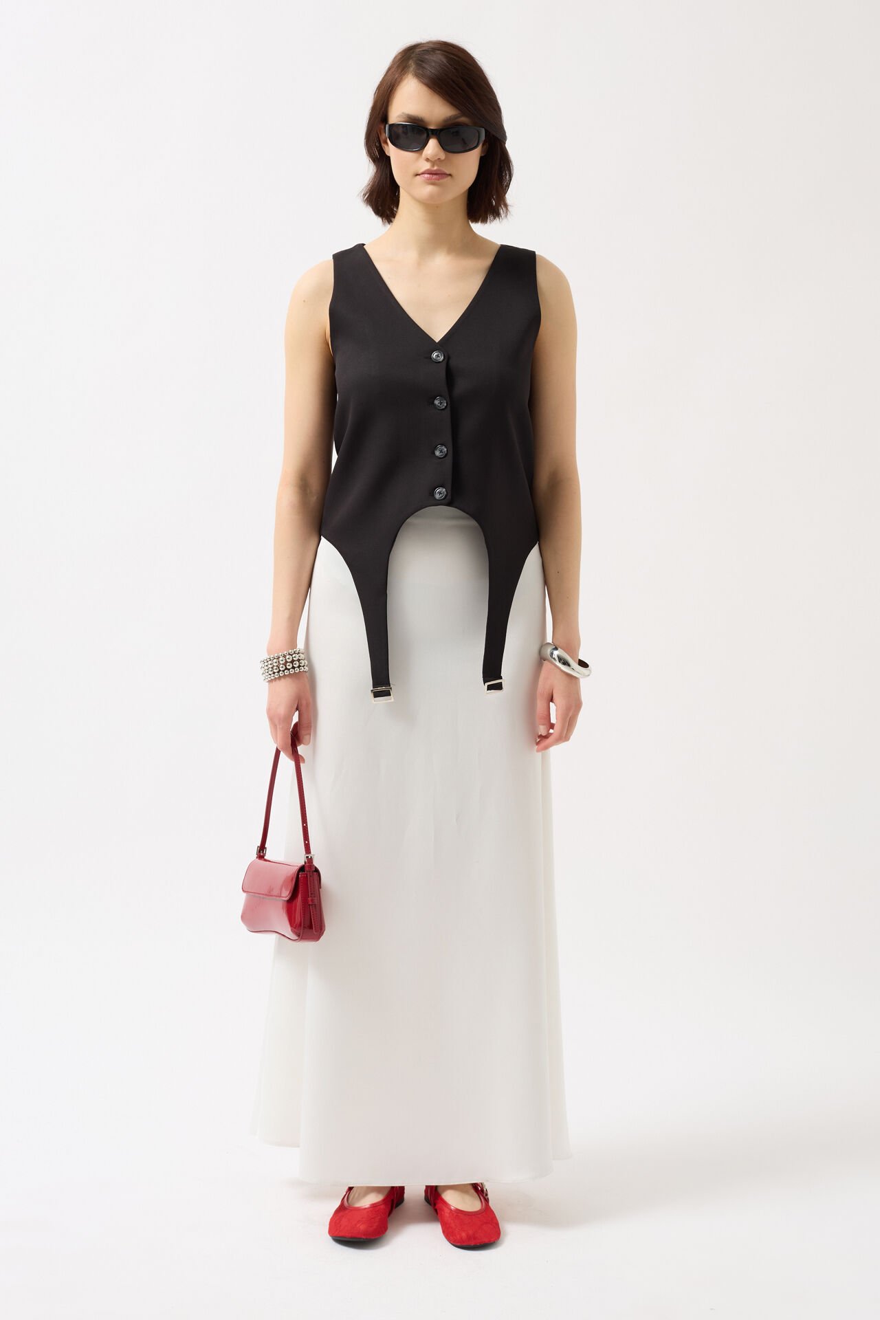 Wholesale Belt Detail V Neck Black Vest