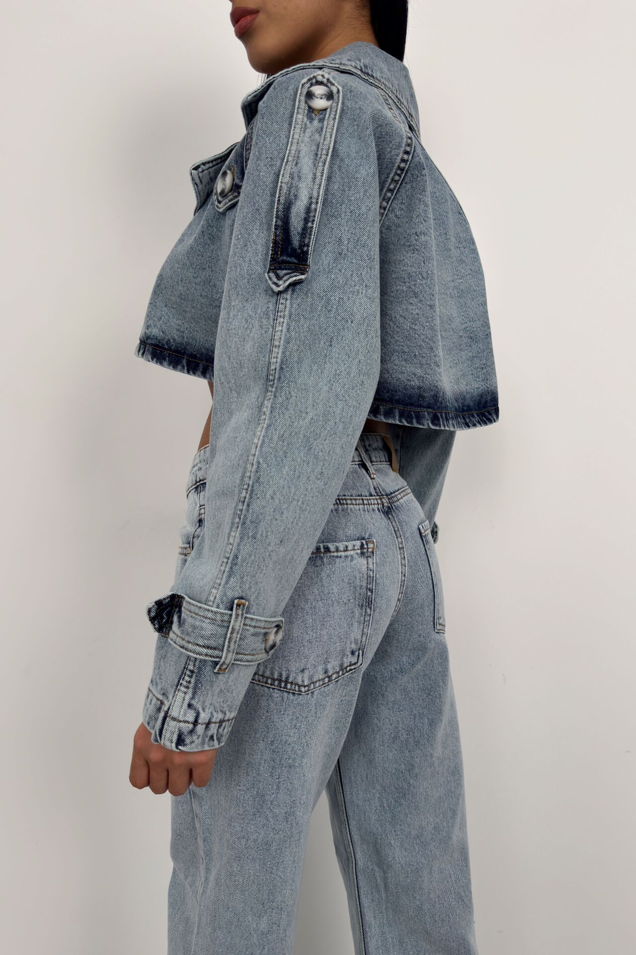 Toptan Crop Denim Açık Mavi Trençkot