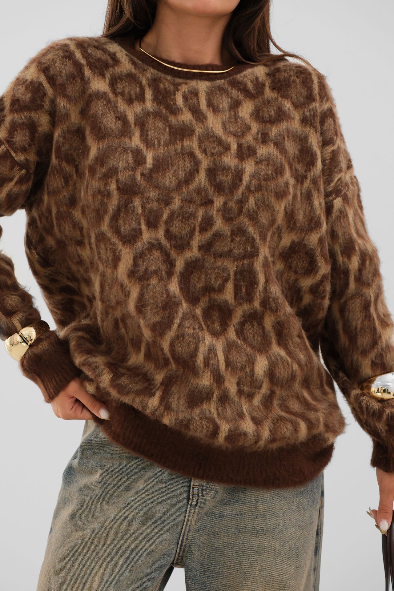 Wholesale Leopard Patterned Bearded Knitwear Sweater