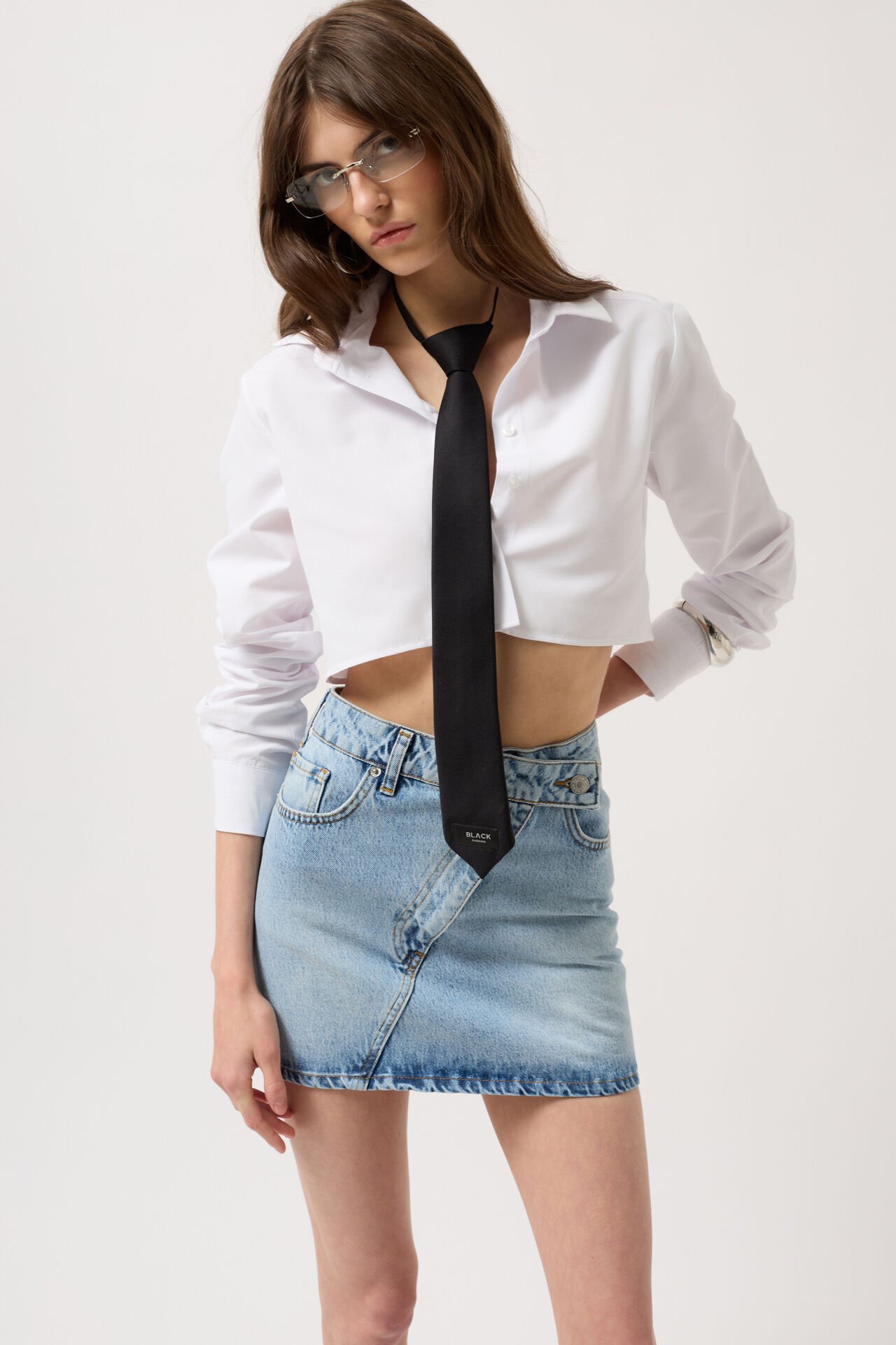 Toptan Asimetrik Kemer Denim Mini Mavi Etek