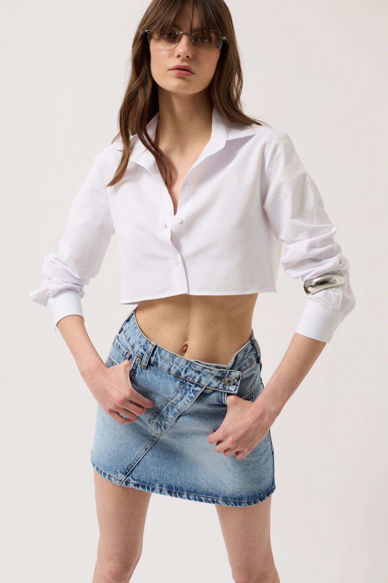 Toptan Asimetrik Kemer Denim Mini Mavi Etek
