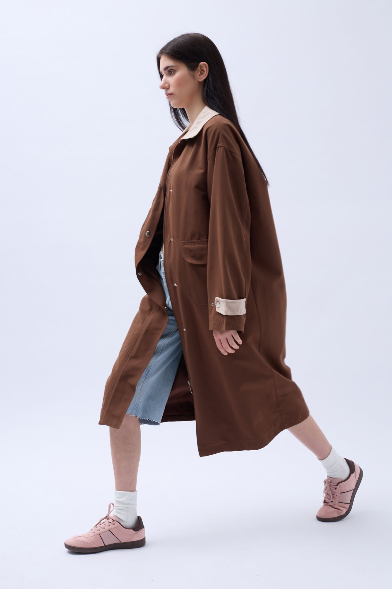 Wholesale Collar Detailed Oversized Dark Brown Trench Coat