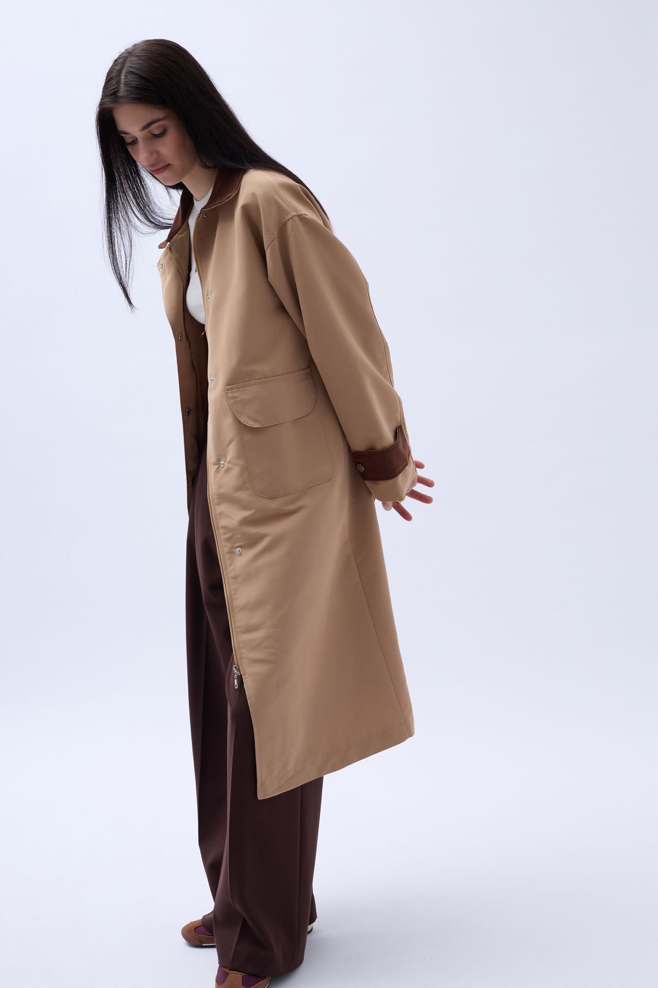 Wholesale Collar Detailed Oversized Brown Trench Coat