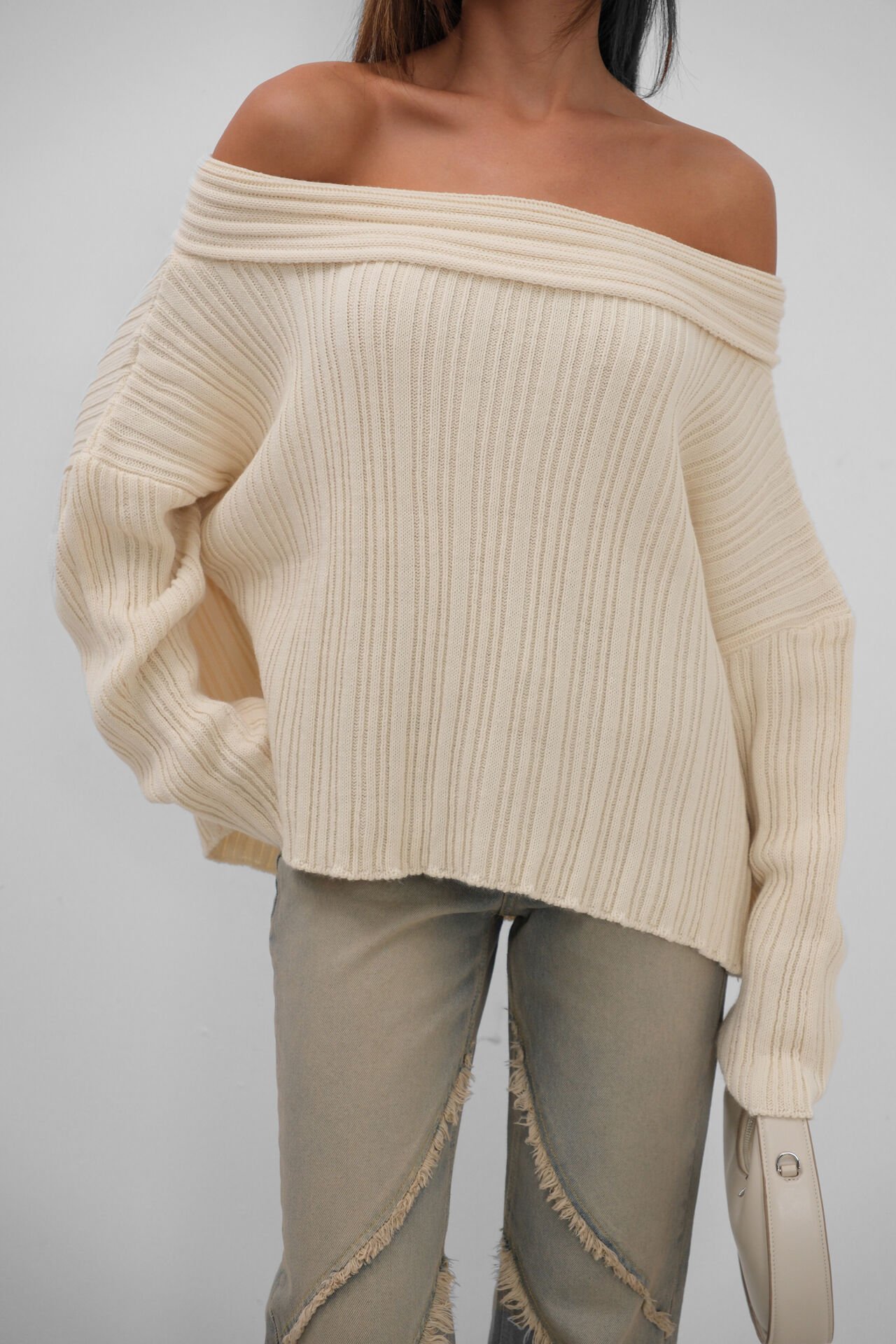 Wholesale Boat Neck Ribbed Knitted Sweater