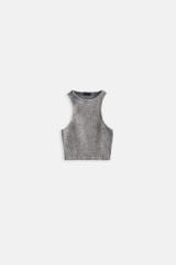 Toptan Yıkamalı Halter Yaka Crop Gri Bluz