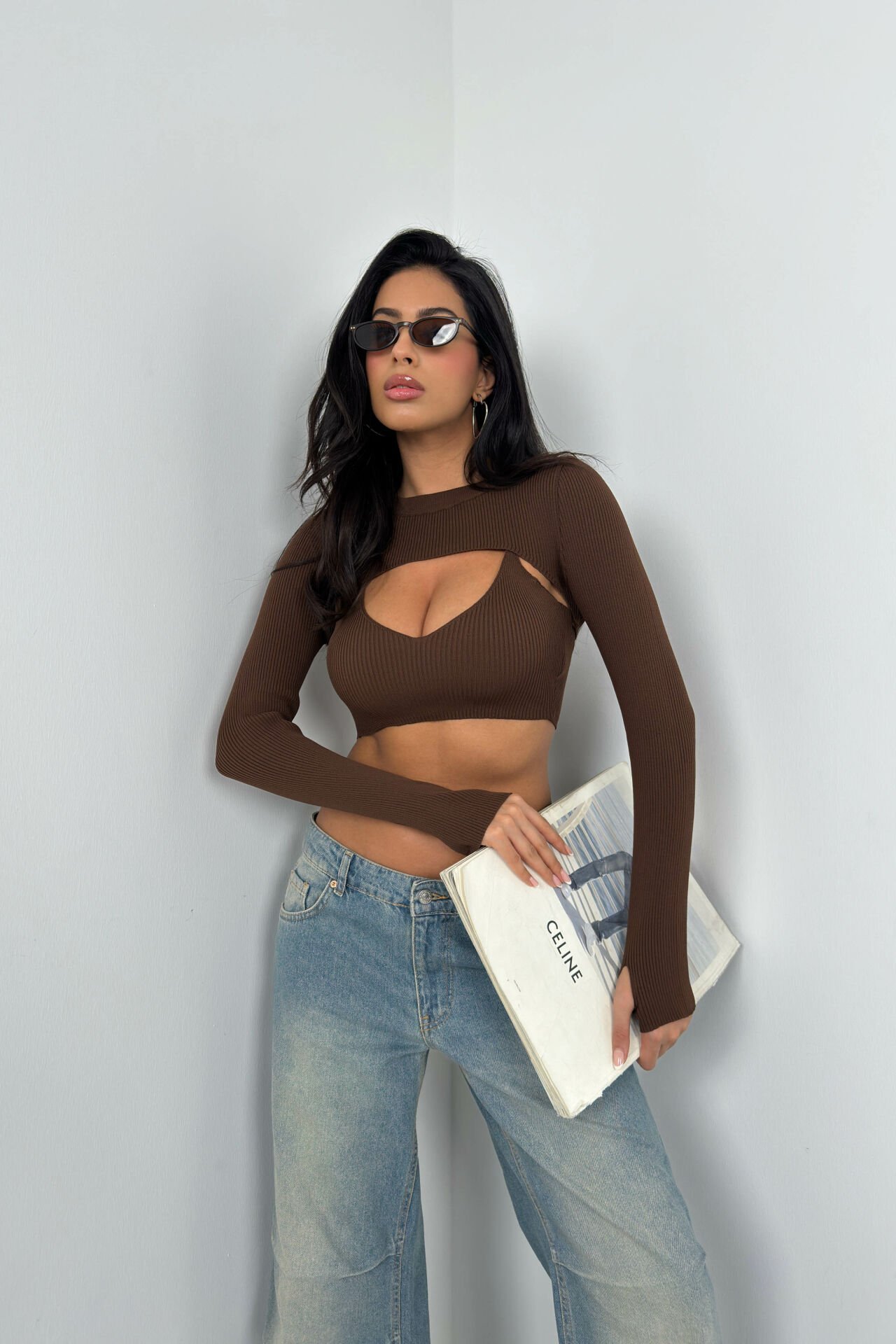 Toptan Fitilli Bra Bolero Kahverengi Crop Takım