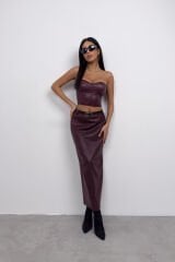 Toptan Balenli Deri Bordo Crop