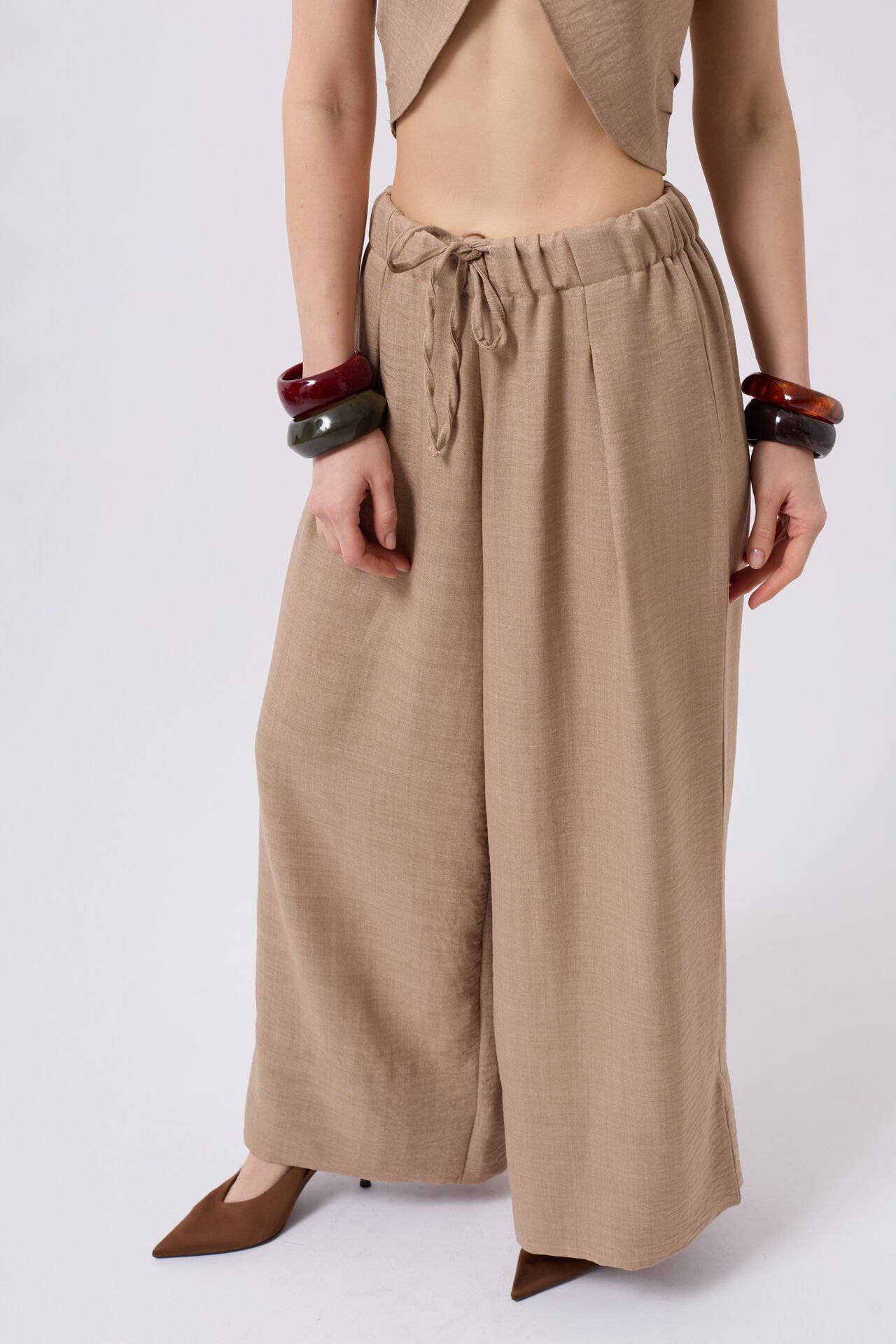 Toptan Düşük Bel Oversize Keten Vizon Pantolon