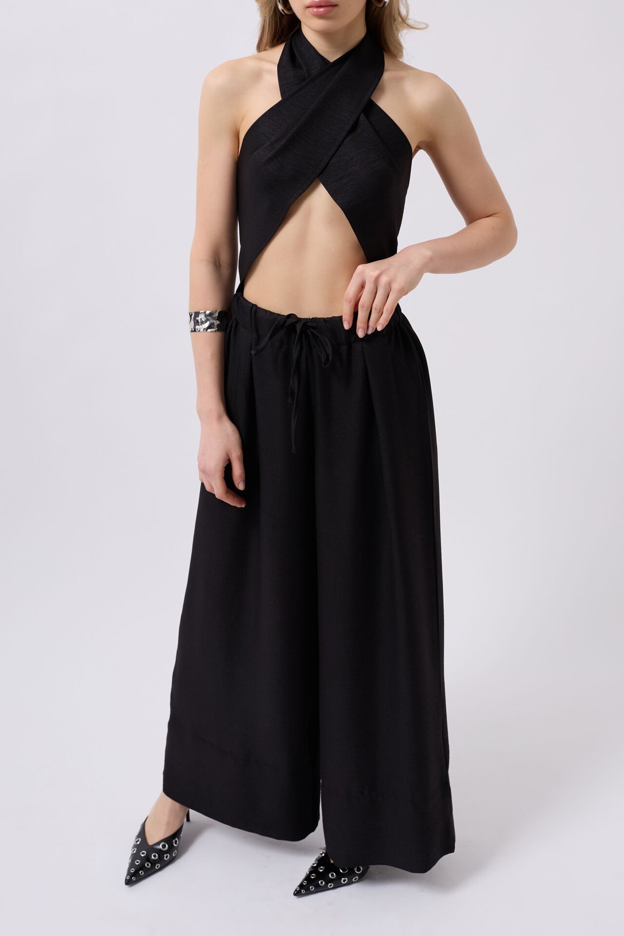 Toptan Düşük Bel Oversize Keten Siyah Pantolon