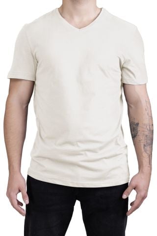 Unisex V Yaka Regular Fit T-Shirt - Krem